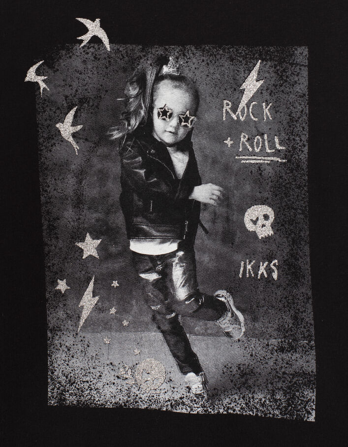 Girls’ black T-shirt with mini rock chick image - IKKS