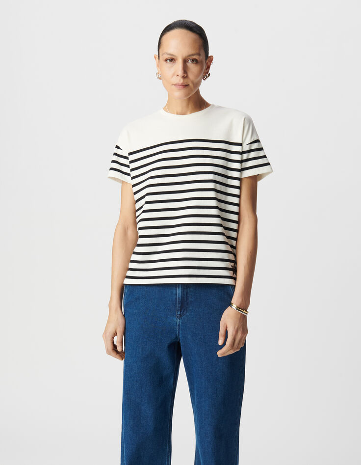 Camiseta marinera de mujer de algodón con cuello redondo y bordado-3