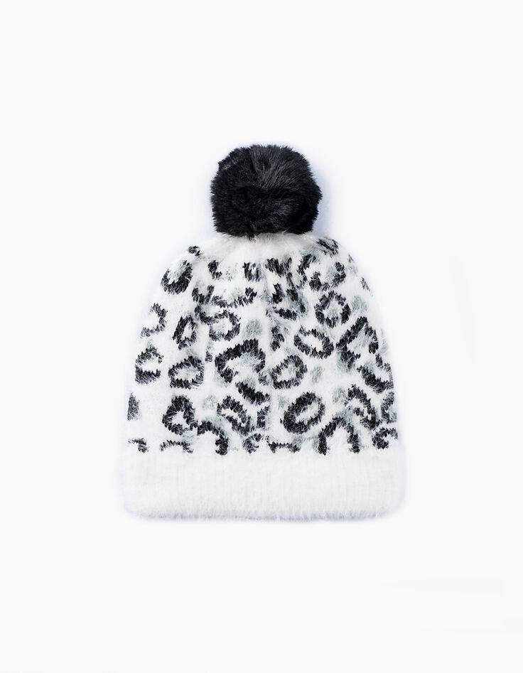 Girls’ off-white, black and grey leopard beanie-4