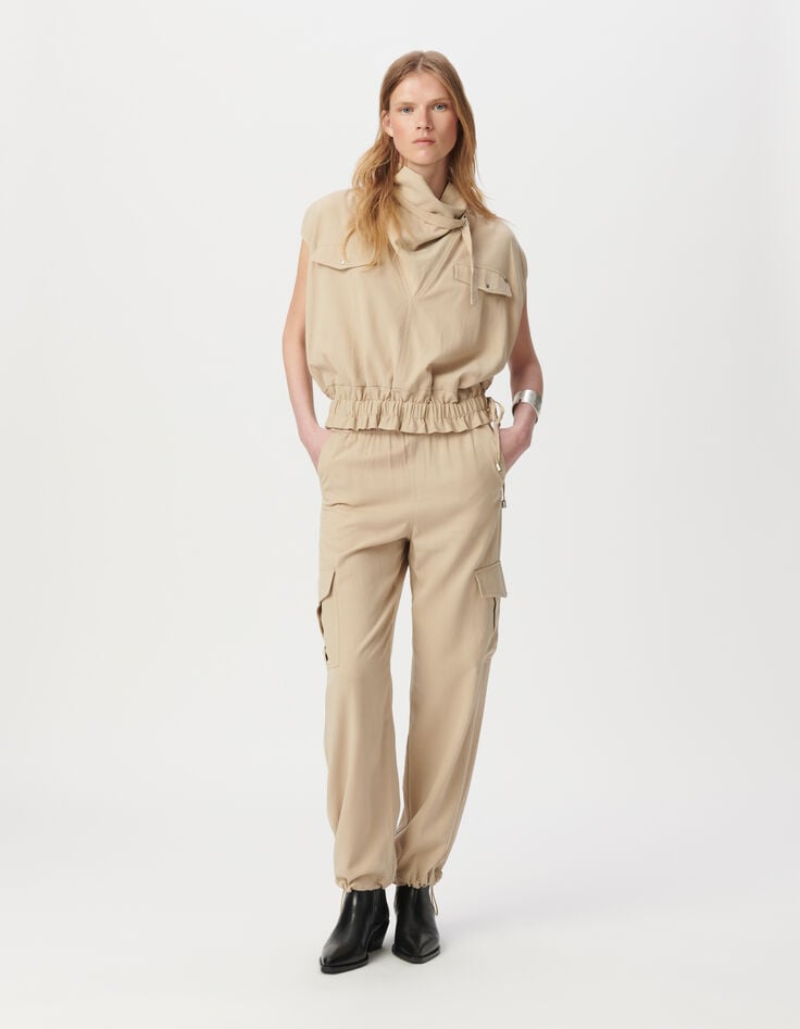 Top sans manches beige col montant bas élastiqué Femme-1 Top sans manches beige col montant bas élastiqué Femme-1