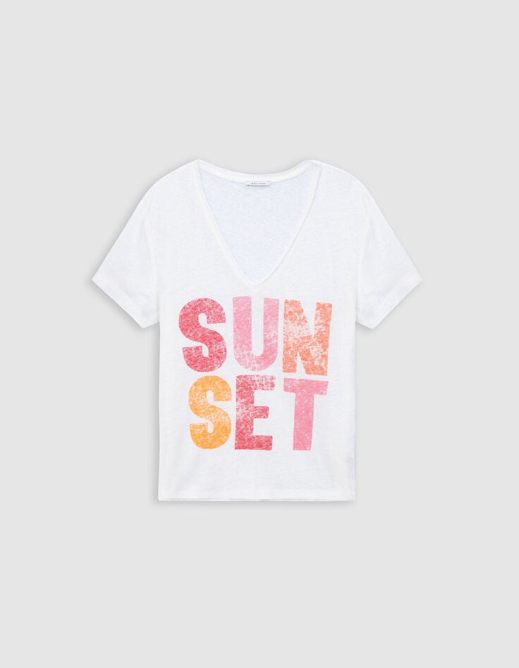 Tee-shirt col V blanc maxi message couleur Femme-5