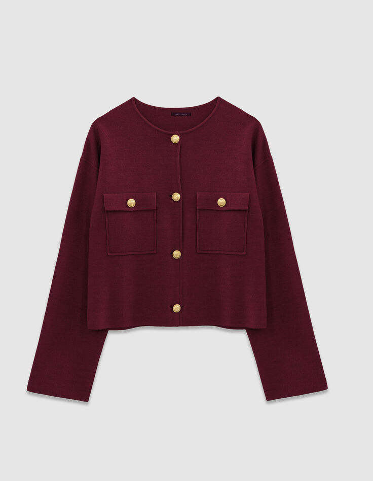 Women’s burgundy knit short cardigan with patch pockets-6