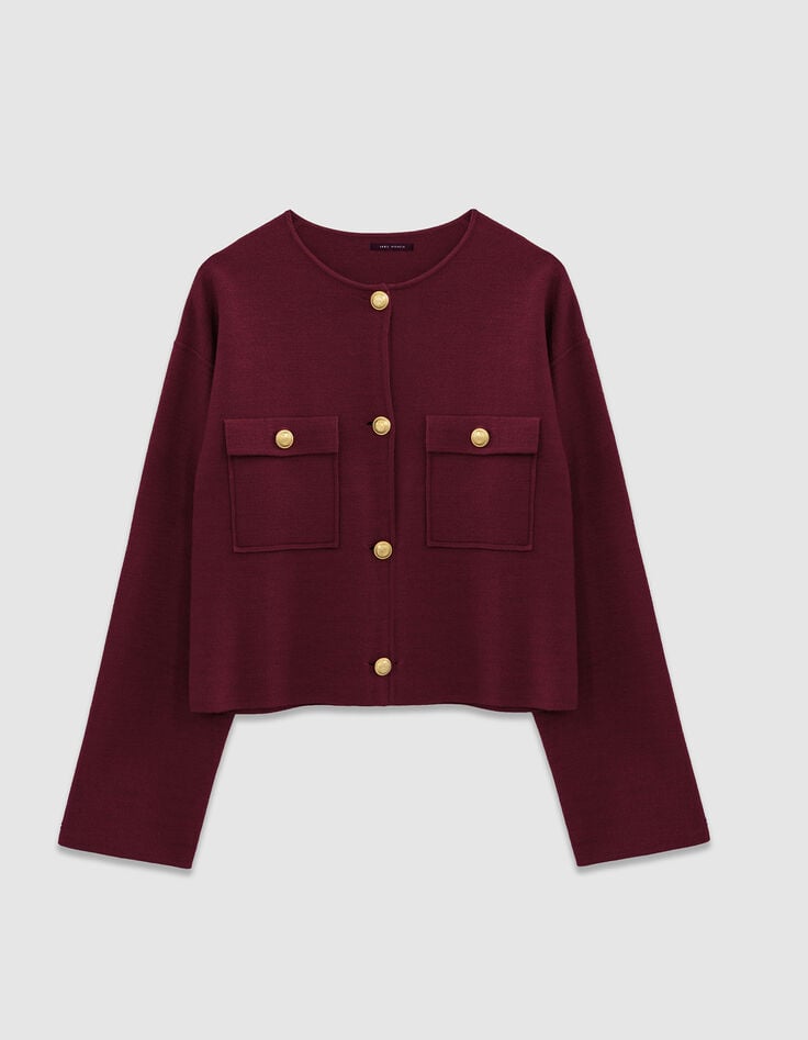 Women’s burgundy knit short cardigan with patch pockets-6 Women’s burgundy knit short cardigan with patch pockets-6
