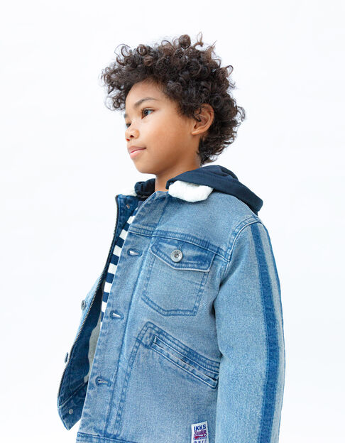 Boys’ blue denim Sherpa-lined jacket, hooded facing
