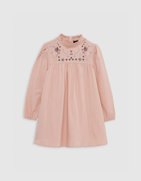 Roze meisjesjurk met art-decovogelborduurwerk Roze meisjesjurk met art-decovogelborduurwerk - IKKS