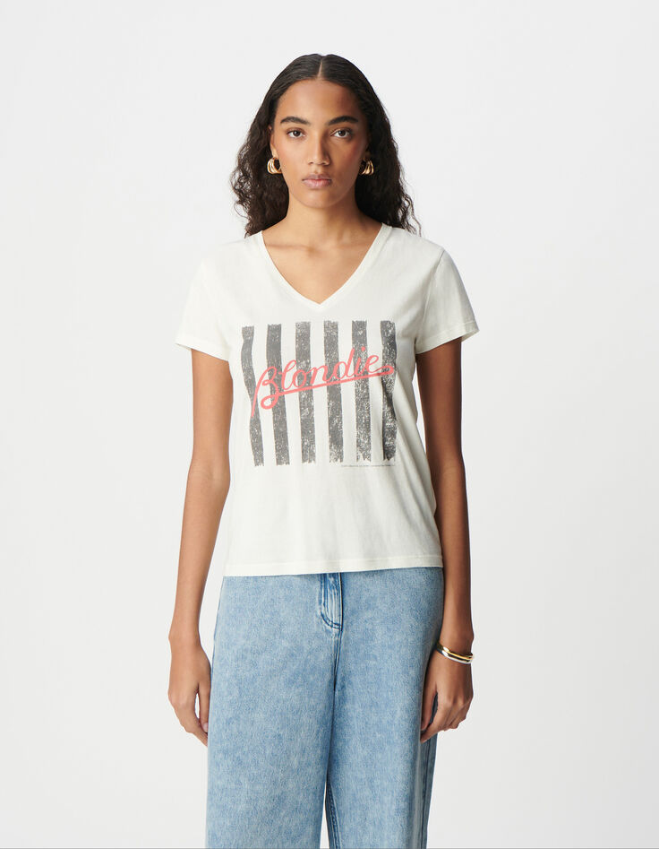 Tee-shirt rock blanc coton bio message et rayures BLONDIE Femme-2