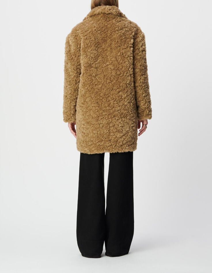Manteau beige &agrave; poils longs Femme-3