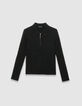 Pull noir tricot 100% laine col polo zippé Femme-6