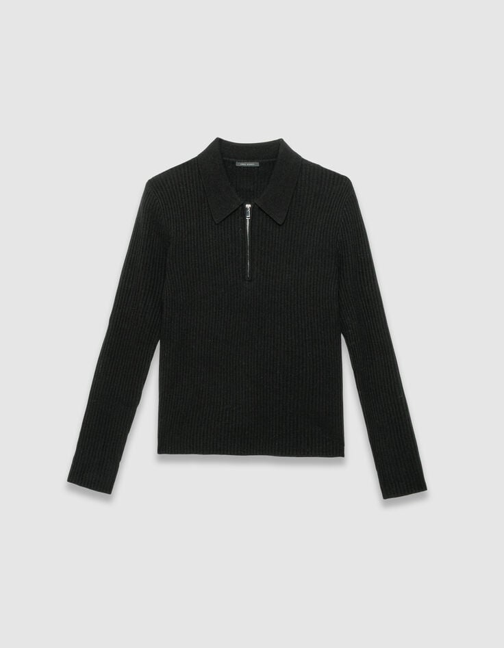 Pull noir tricot 100% laine col polo zippé Femme-6 Pull noir tricot 100% laine col polo zippé Femme-6