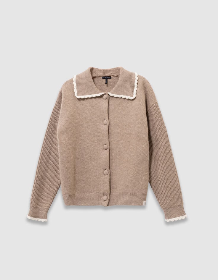 Cardigan beige tricot manches côtelées fille-4