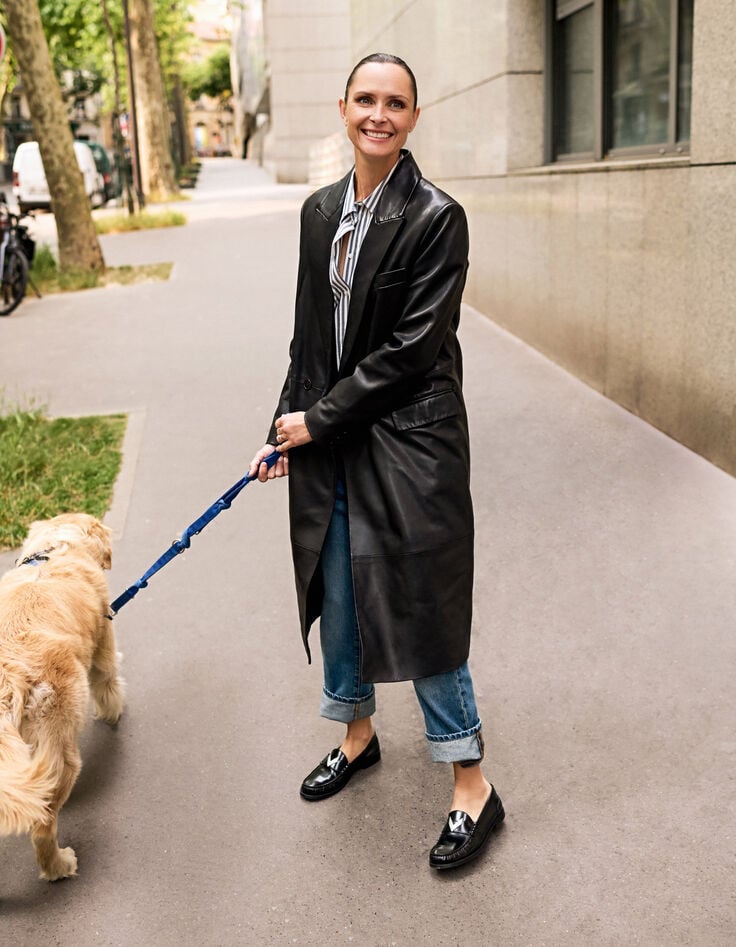 Abrigo largo negro cuero oversize mujer-7