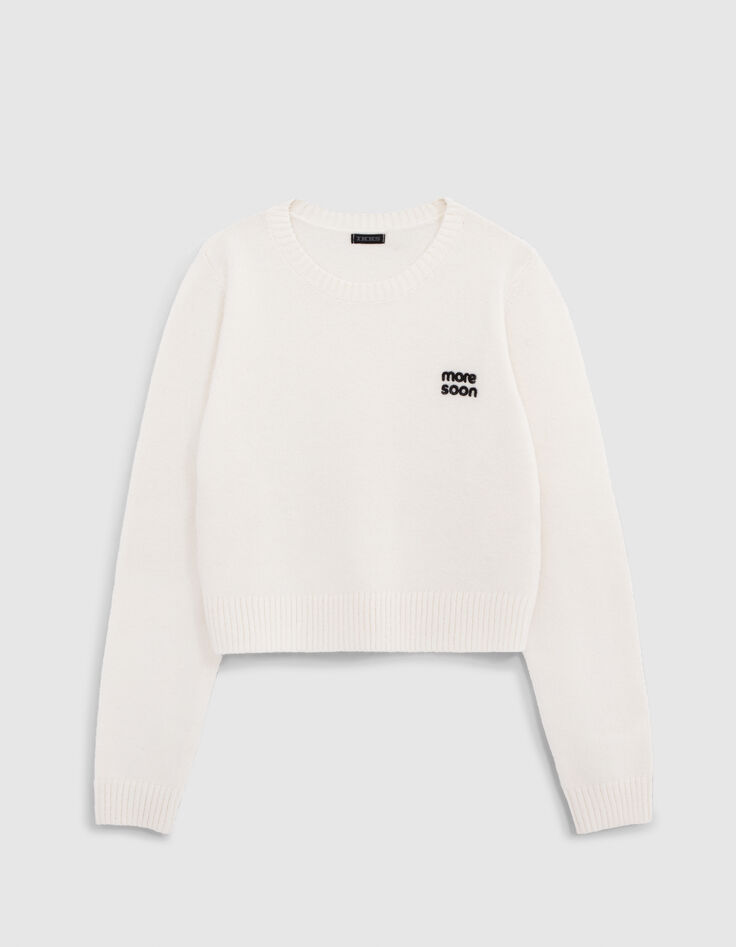 Pull écru tricot cropped broderie message fille-1