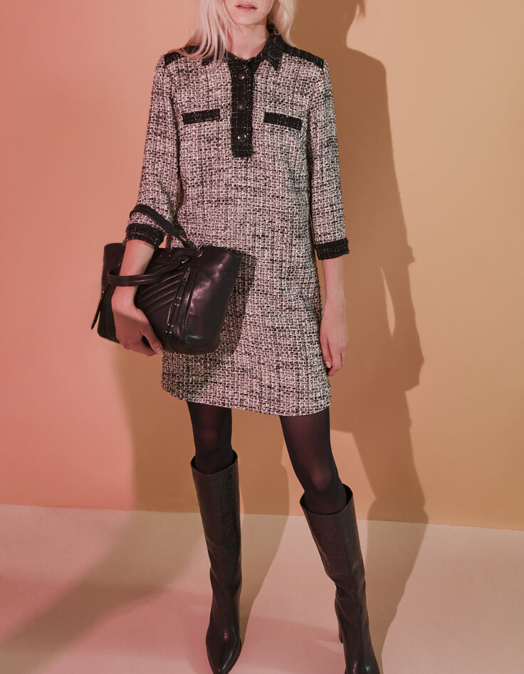 Vestido camisero tweed flecos blanco y negro mujer-6
