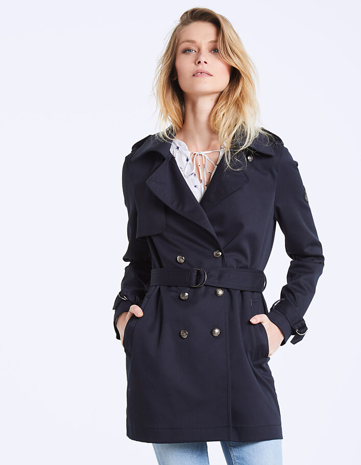 Women’s navy cotton gabardine long trench coat