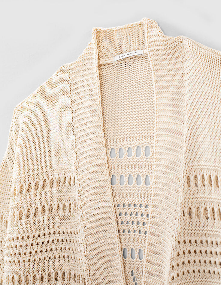 Ecrufarbene Damen-Strickjacke mit Punkten und Fransen-4