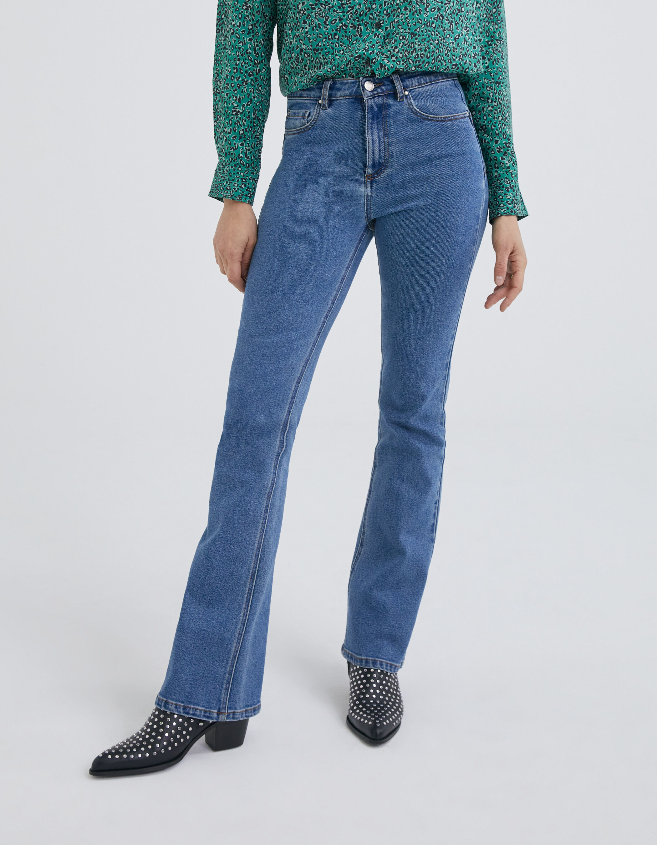 Jean flare bleu taille haute en coton recycle Femme IKKS