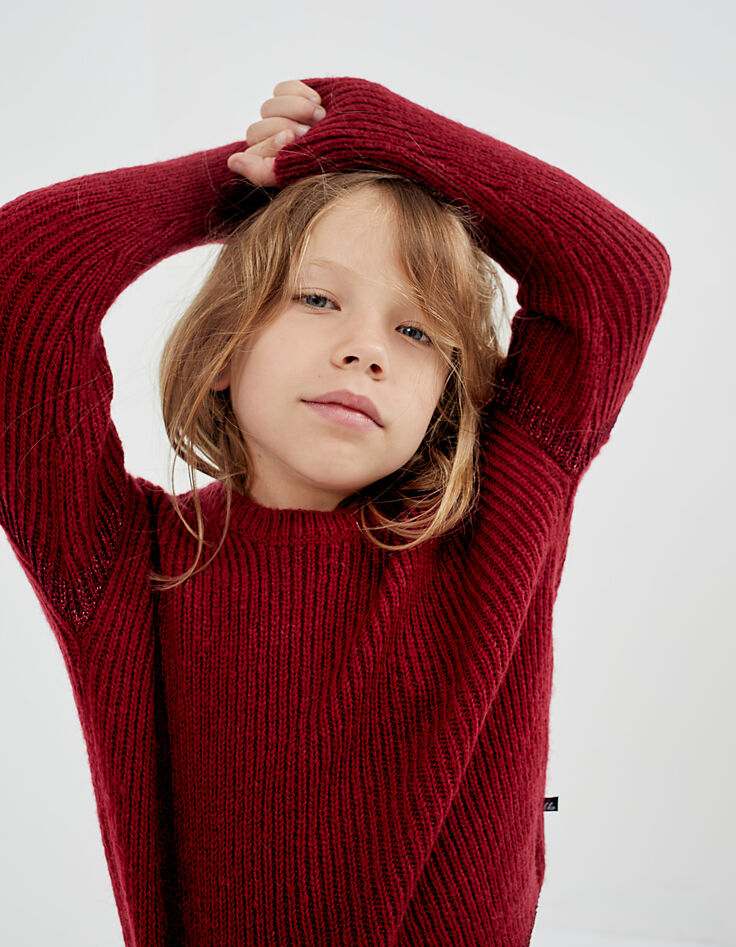 Pull rouge foncé en tricot pour fille-1