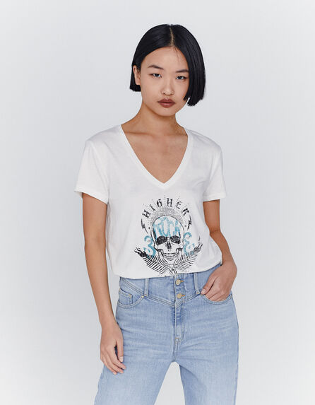 Tee-shirt coton modal écru visuel tête de mort femme