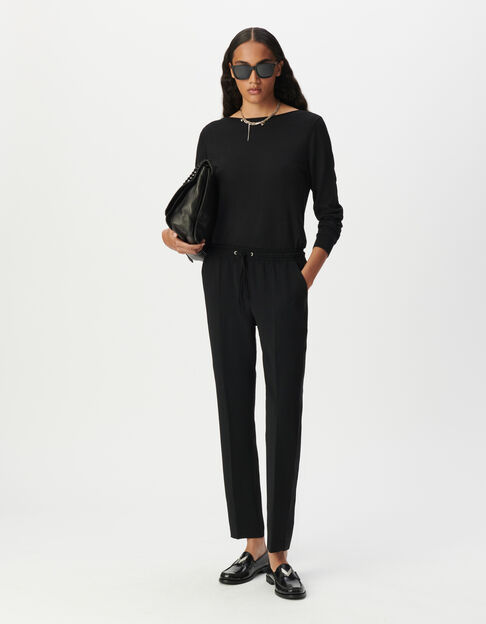 Women’s black crepe straight trousers, elasticated belt - IKKS