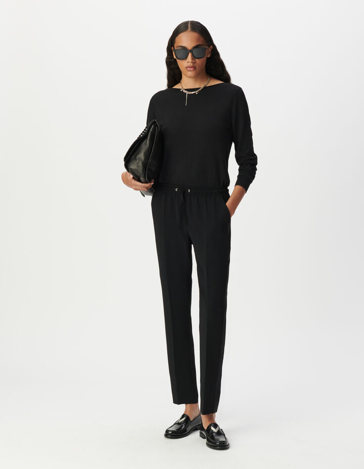 Pantalón recto negro crepé cintura elástica mujer -1