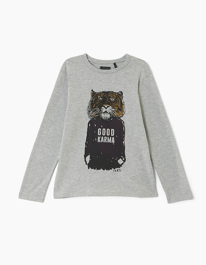 Boys’ medium grey marl Good Karma tiger graphic T-shirt - IKKS