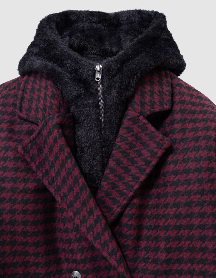Girls’ black check coat with hooded facing-3