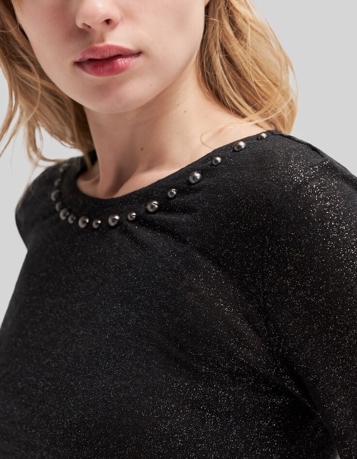 Camiseta negra de lino con tachuelas para mujer-4