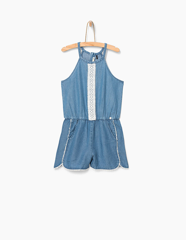 Girls’ stone blue Tencel© and lace short jumpsuit-2