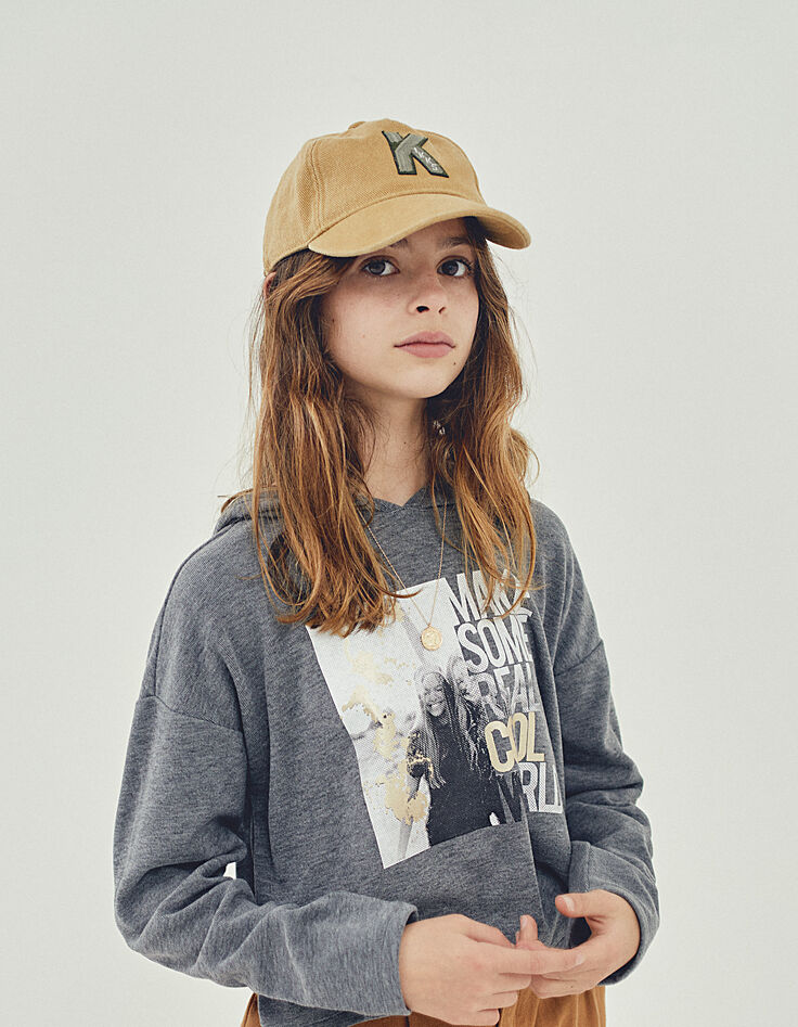 Tee-shirt gris chiné à capuche visuel noir et blanc fille-6 Tee-shirt gris chiné à capuche visuel noir et blanc fille-6