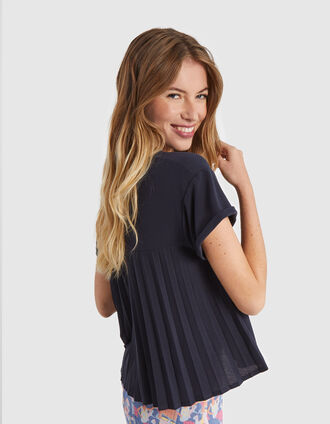 I.Code navy pique knit top with pleated back