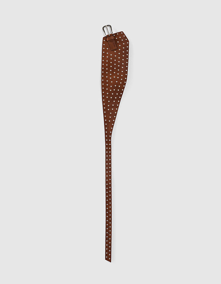 Brede asymmetrische camel leren riem studs dames-3