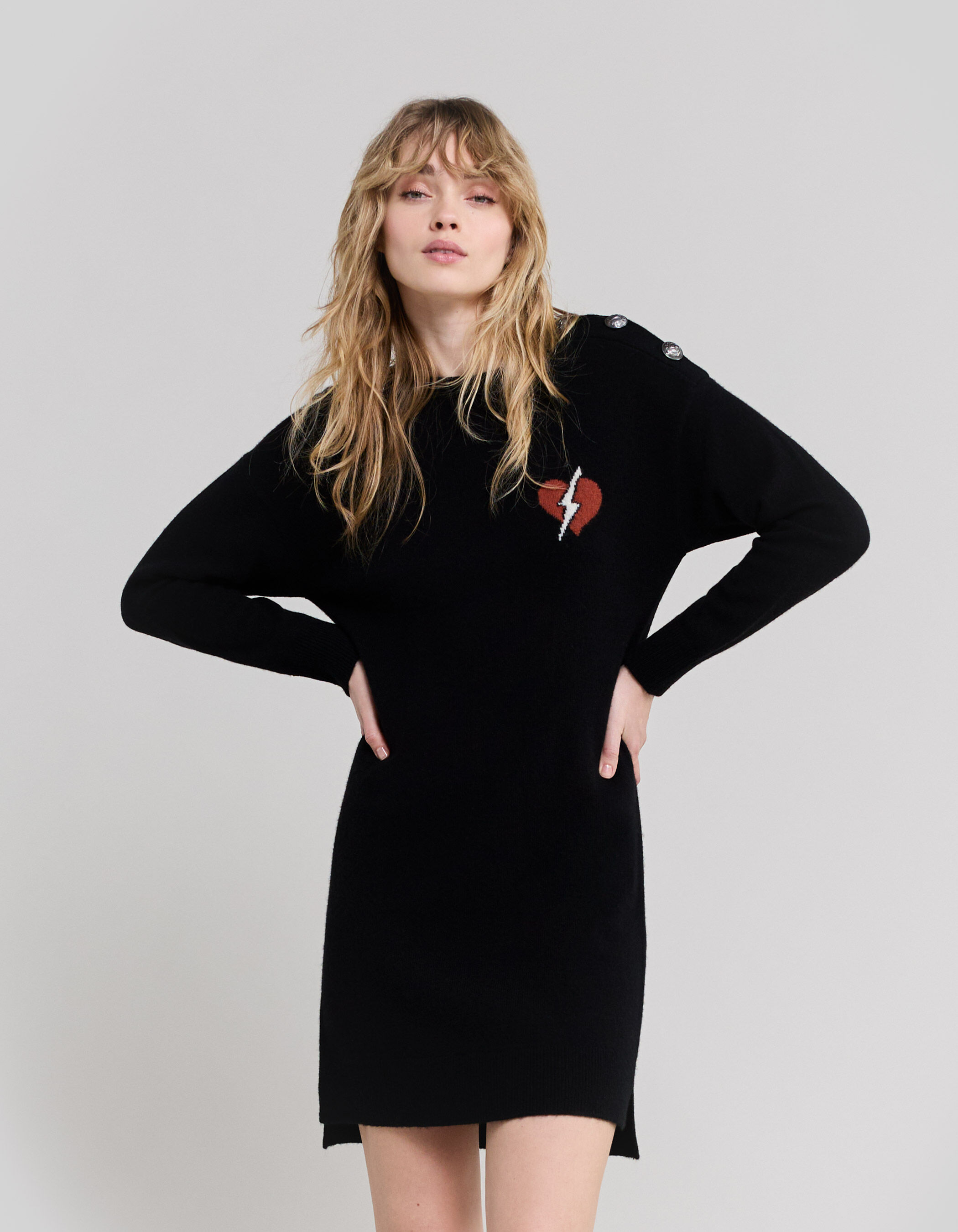 Robe pull noire tricot visuel coeur eclair Femme IKKS