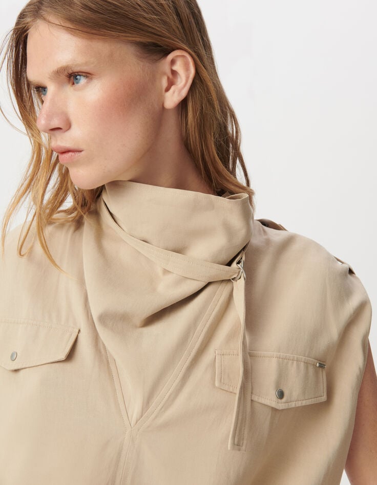 Top sans manches beige col montant bas élastiqué Femme-4 Top sans manches beige col montant bas élastiqué Femme-4
