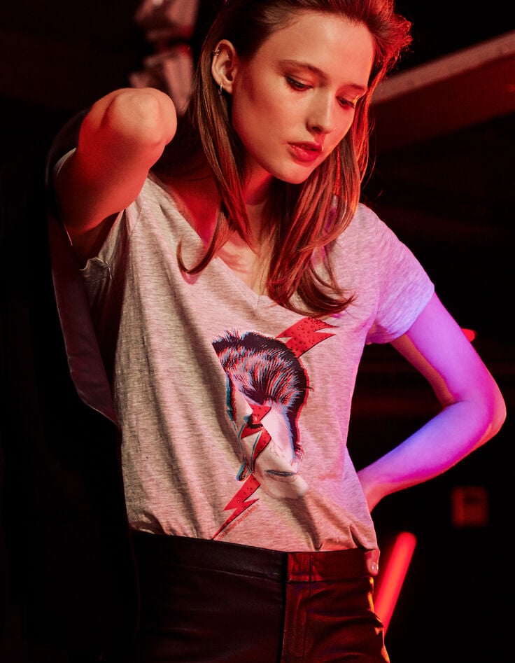 T-shirt katoen-modal opdruk Bowie Stardust, V-hals, dames-1