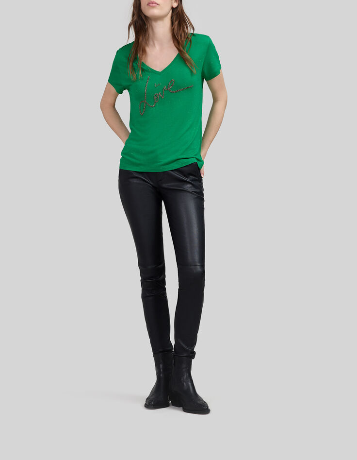 Mintgr&uuml;nes Damen-T-Shirt mit Schriftzug mit Perlen-1