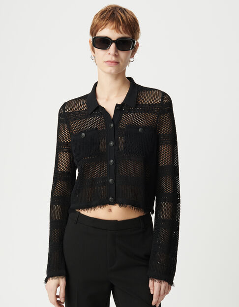 Cardigan court noir tricot ajouré Femme - IKKS
