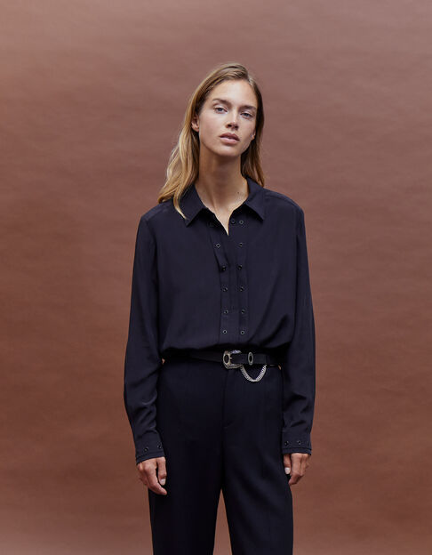 Pure Edition-Women’s black silk shirt with eyelets