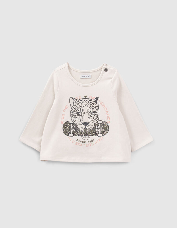 T-shirt beige visuel léopard et skate bébé fille-1
