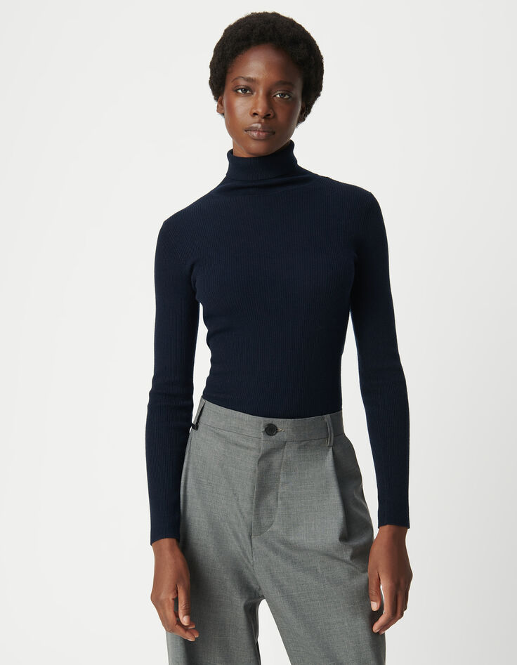 Jersey de cuello alto de canalé negro para mujer-2
