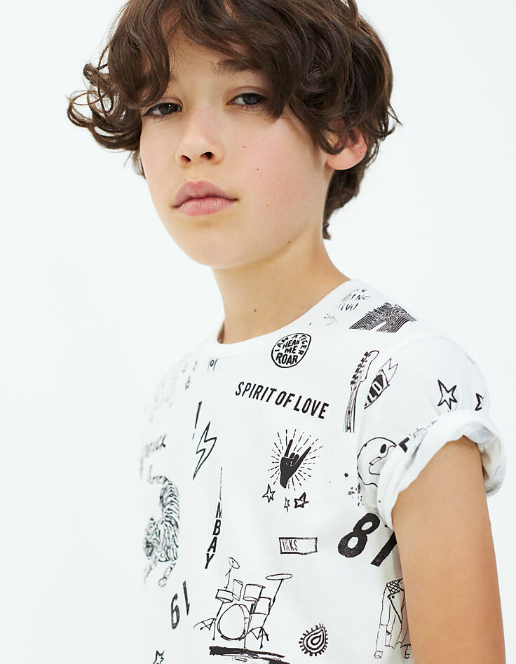 Tee-shirt blanc cassé à dessins musique et tigres garçon -1