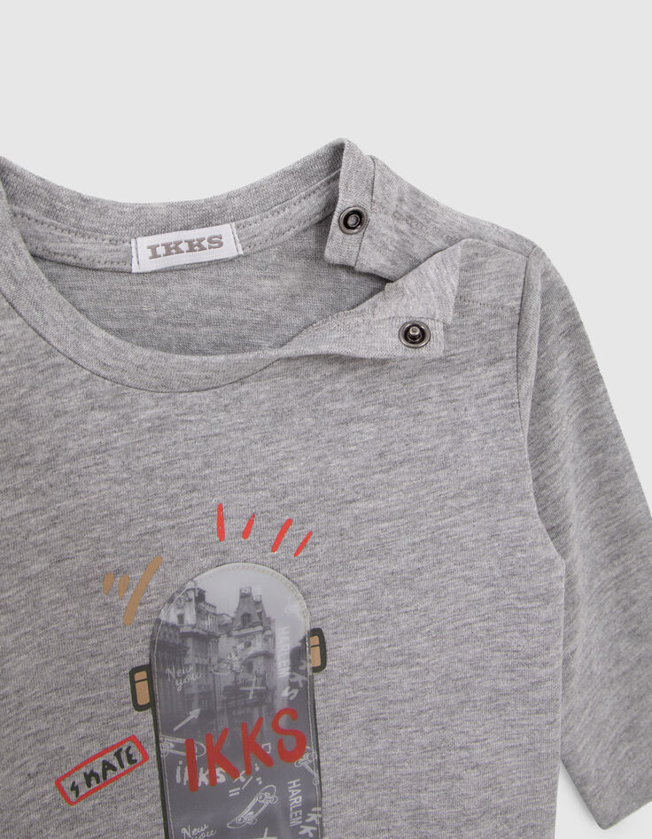 Baby boys’ grey T-shirt with lenticular skateboard image-5