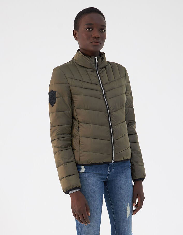 Women’s khaki high-collar light padded jacket with badge