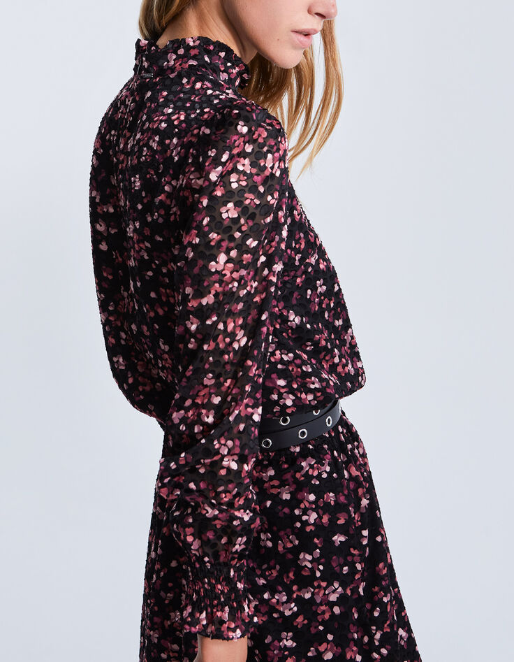 Women’s black short sheer dress with pink velvet print-5