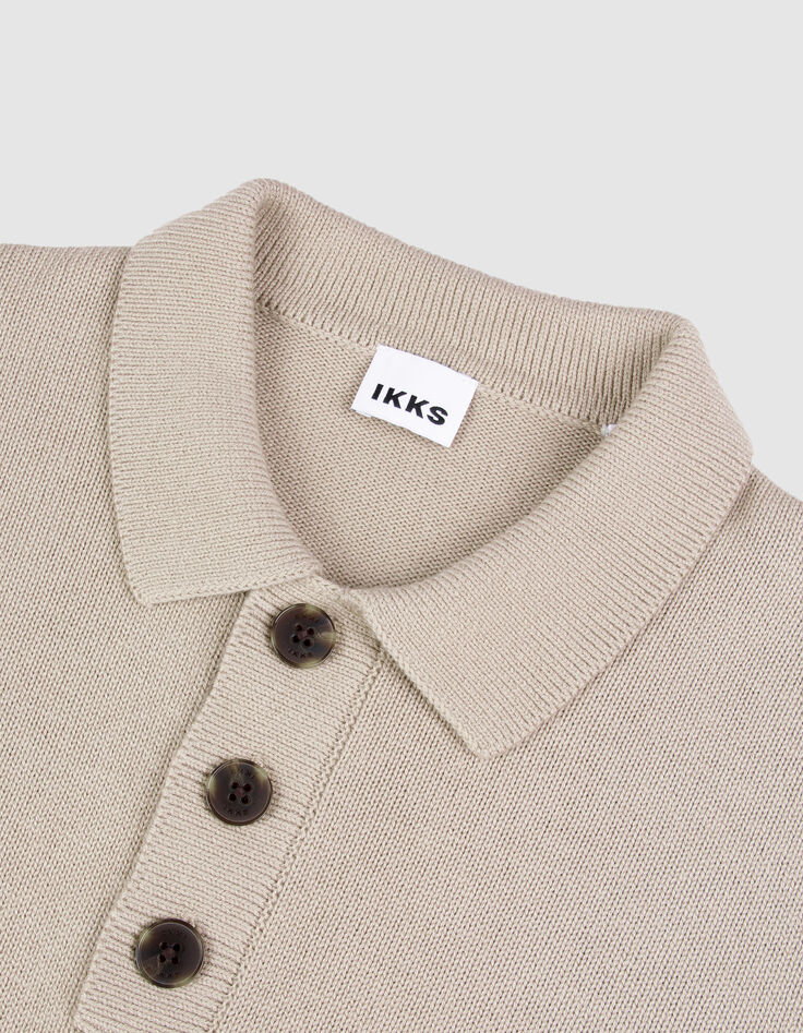Men's Beige Knitted Sweater with Button-Down Polo Collar-8