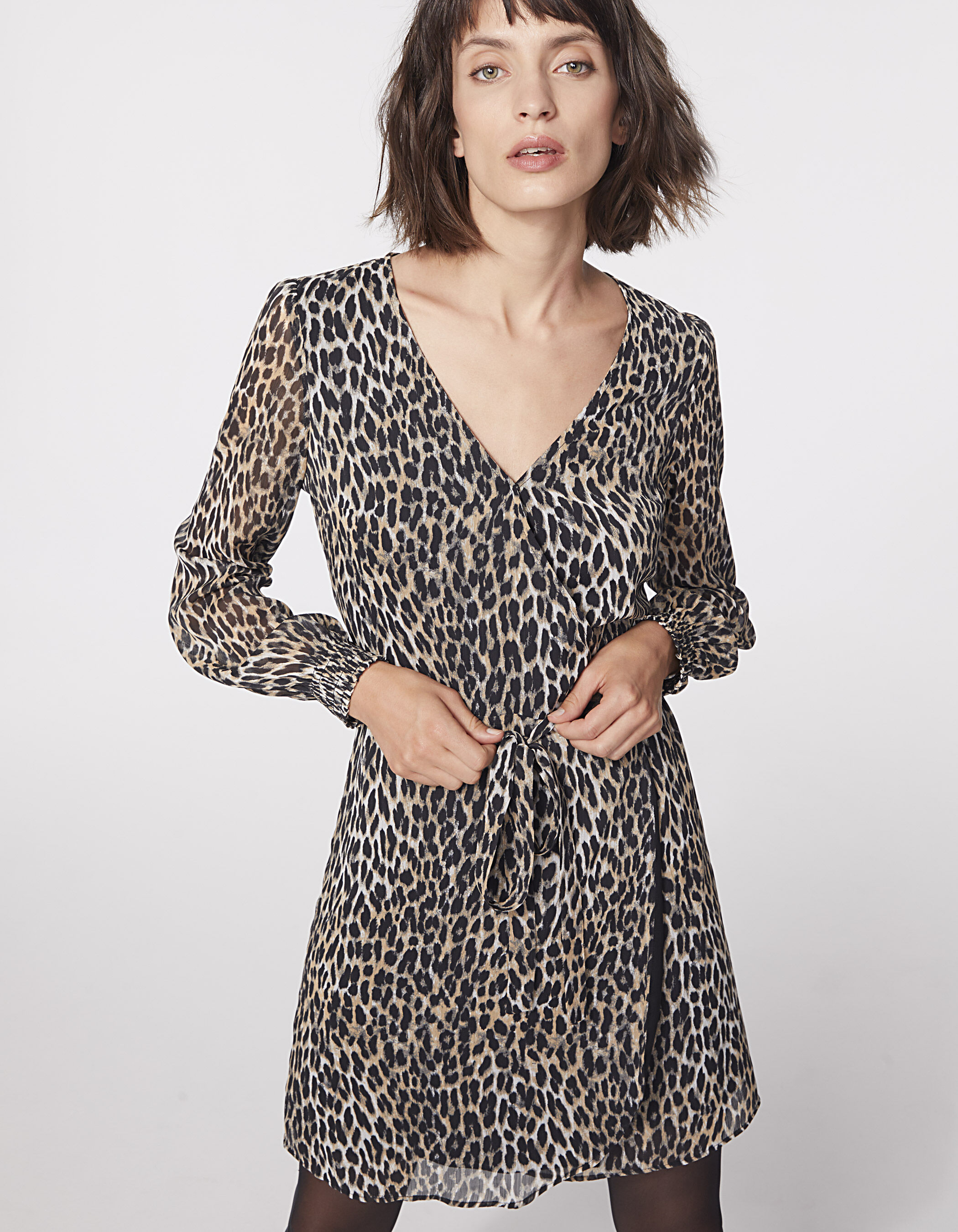 V neck leopard print voile wrapover dress IKKS