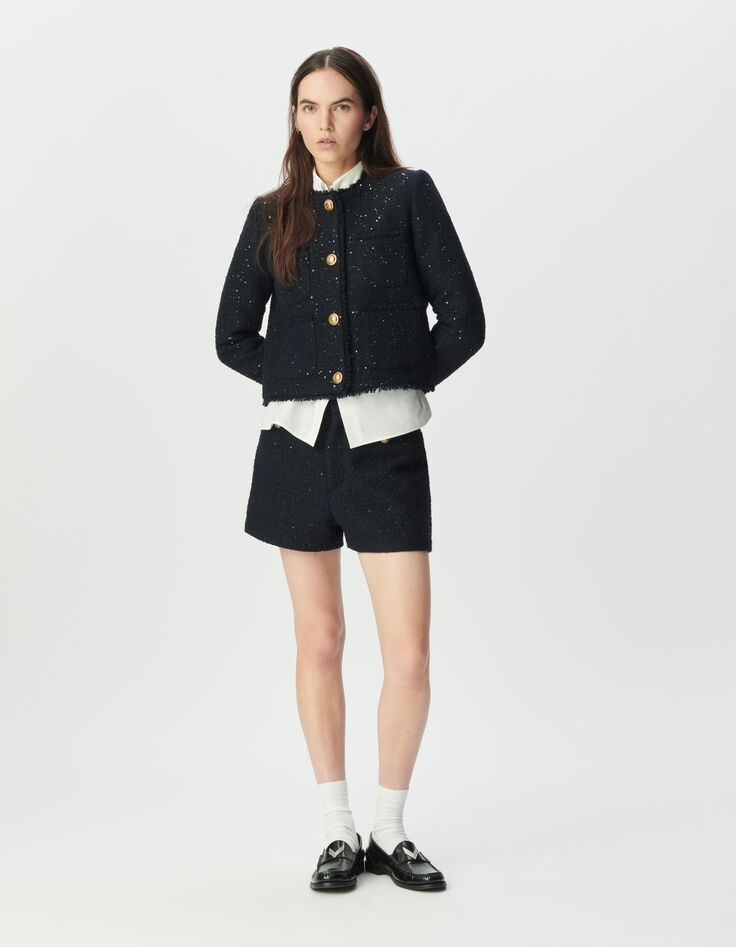 Chaqueta corta azul marino tweed lentejuelas mujer-7