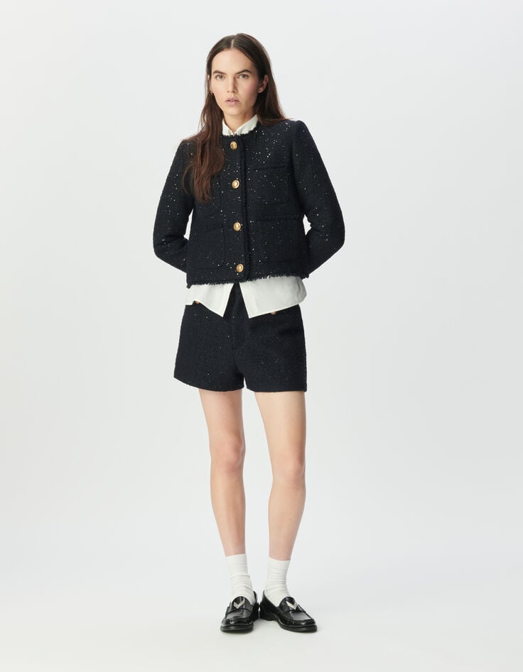 Women’s navy tweed-style short jacket, embroidered sequins-7 Women’s navy tweed-style short jacket, embroidered sequins-7