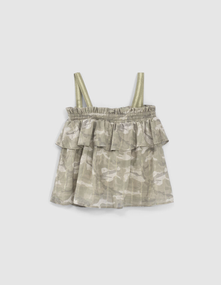 Khaki Mädchentop mit Camouflageprint und Streifen-3