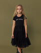 Girls' black mixed fabric dress with tulle skirt-1