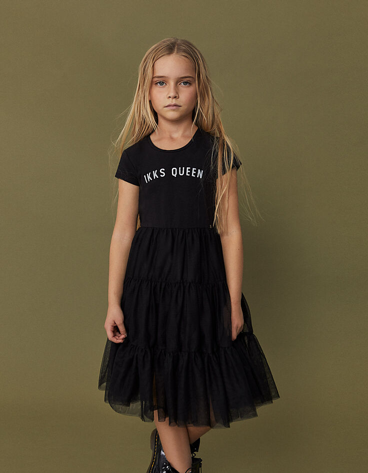 Girls' black mixed fabric dress with tulle skirt-1